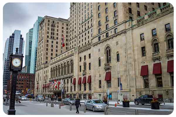 Front street west in downtown Toronto and veiw of Fairmont Royal York hotel