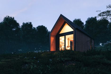 tiny house at night in the forest